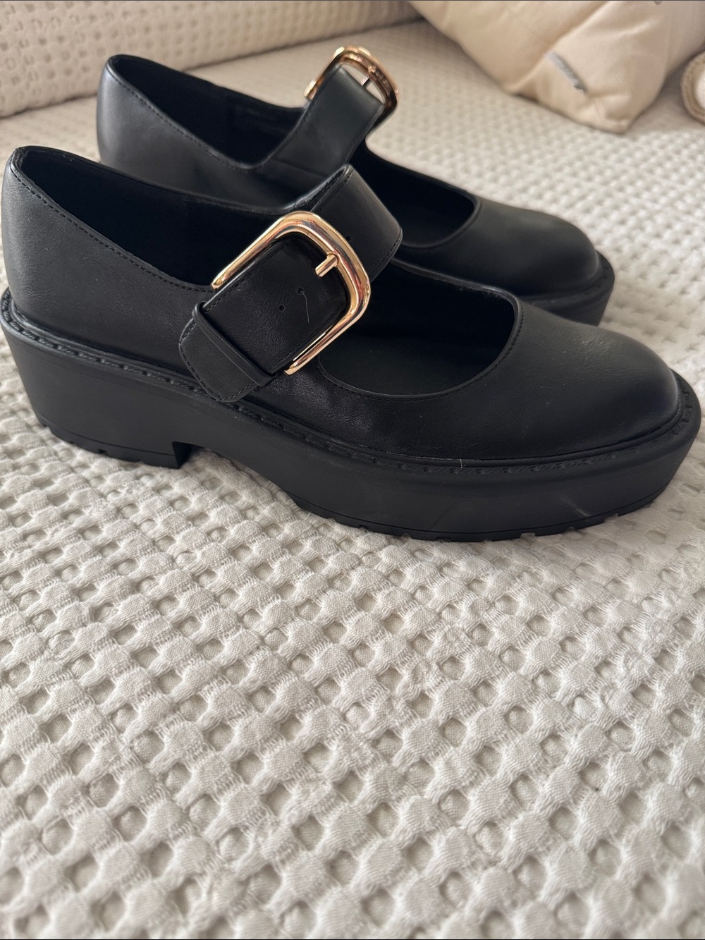 Steve Madden Black Mary Jane Platform Mules with Gold Buckle